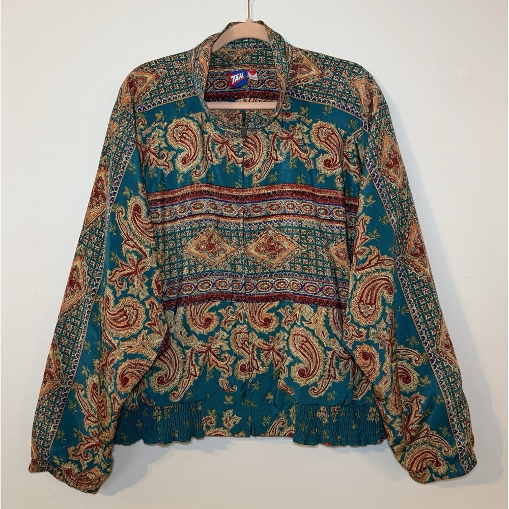 Paisley Zip Up Womens Jacket Windbreaker Tail Bomber Green Red Gold Size XL USA